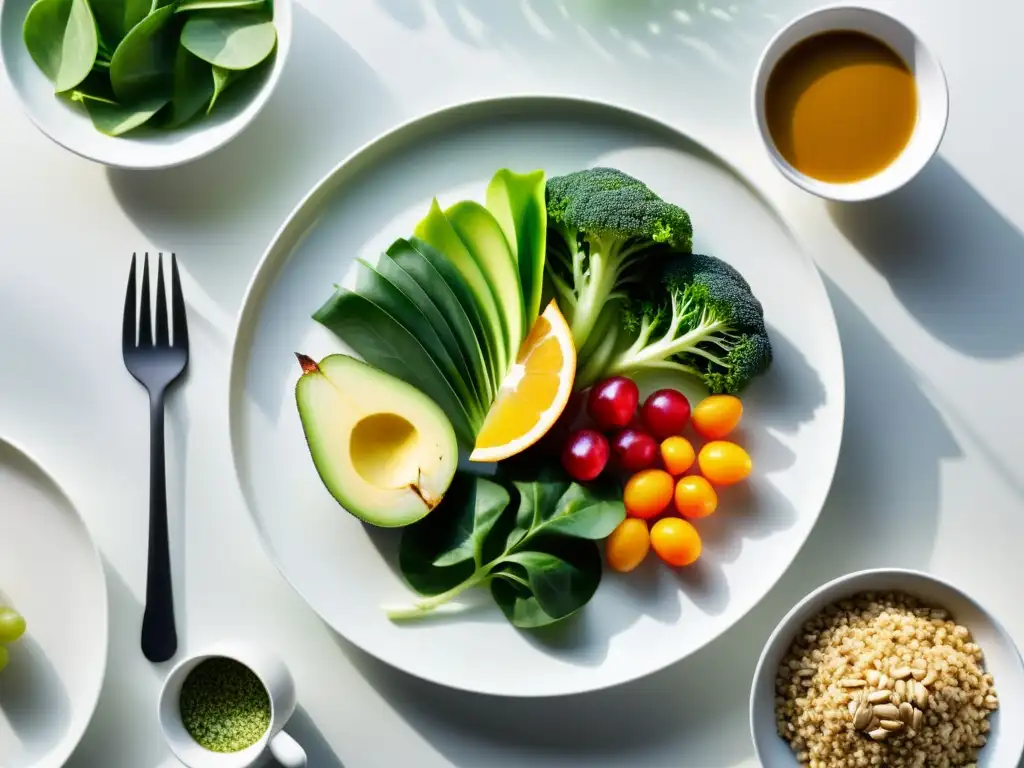 Plato balanceado: frescura y color en una presentación elegante Una comida balanceada para triatletas en un elegante plato blanco con alimentos frescos y coloridos