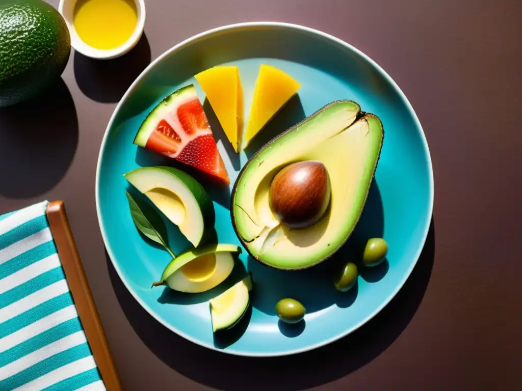 Comida deportiva equilibrada con grasas saludables y frutas vibrantes Una comida deportiva equilibrada con grasas saludables para la recuperación muscular en un elegante plato moderno