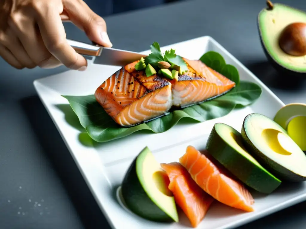 Preparación de Comida Saludable para Futbolista Preparación de comida para futbolista: medición de ácidos grasos esenciales con salmón, aguacate y frutos secos en cocina moderna y vibrante