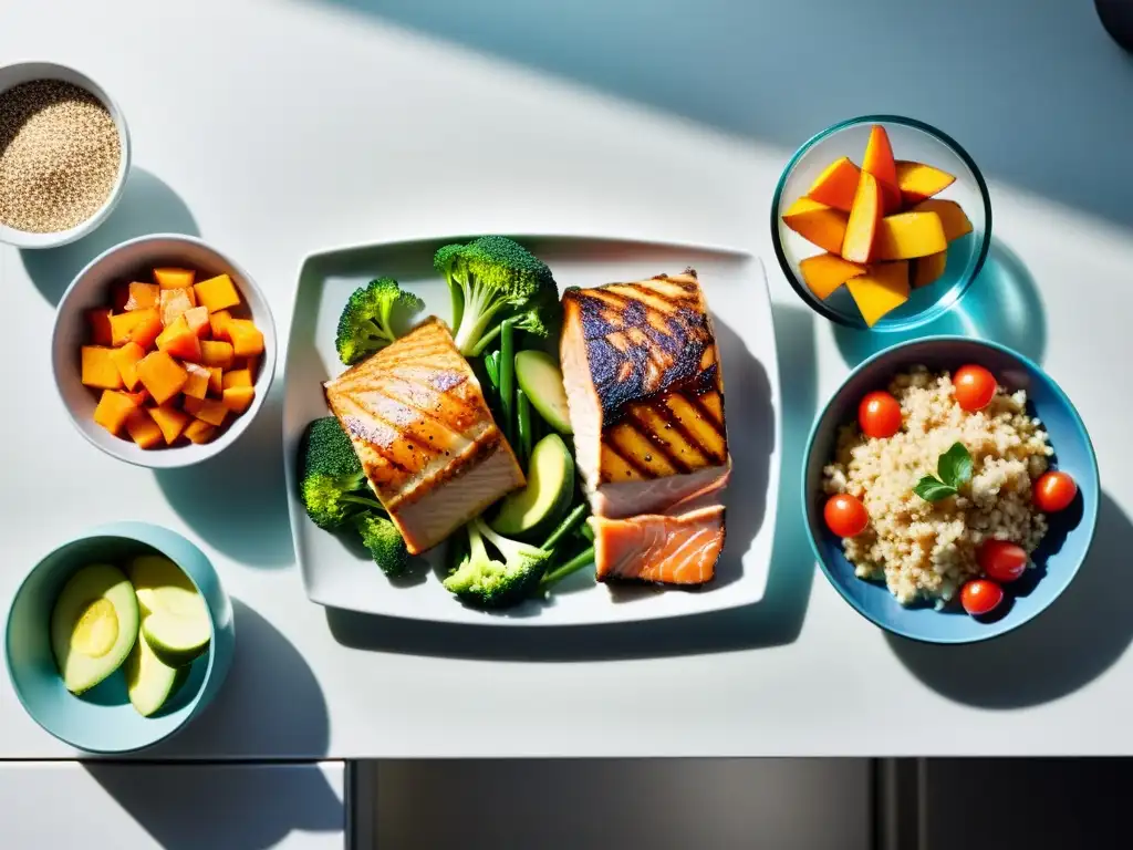Deliciosa comida post-entrenamiento para recuperación muscular Una comida post-entrenamiento equilibrada y colorida en una cocina moderna