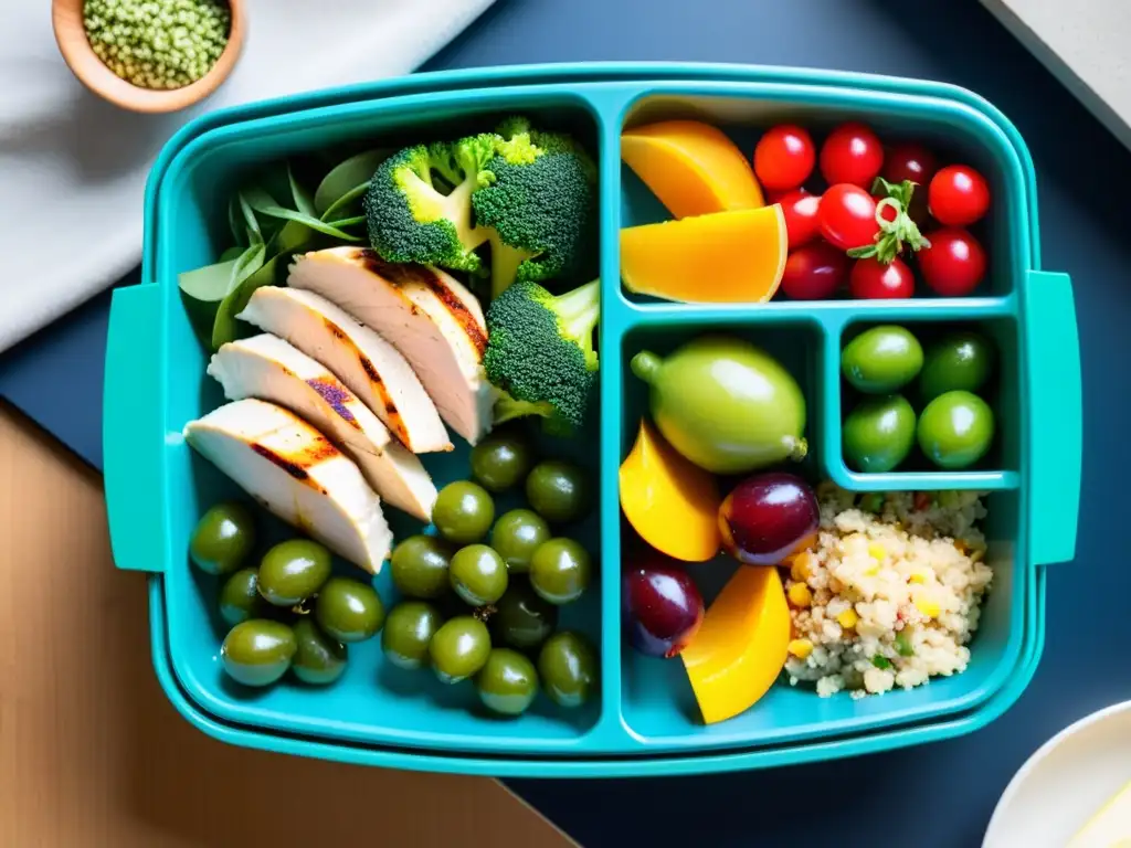 Comida Fitness: Preparación de alimentos equilibrados y coloridos Una comida preparada con dieta fitness para viajes deportivos: contenedor con alimentos coloridos y proteicos, perfectos para atletas en movimiento