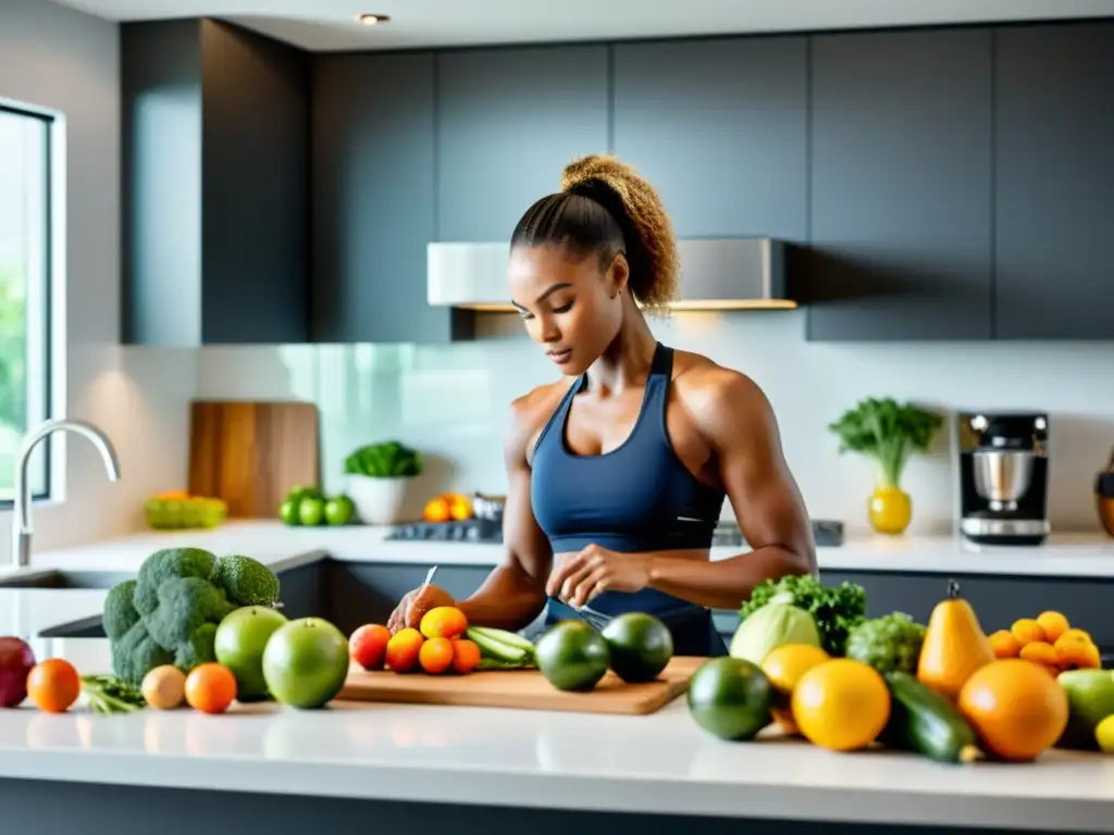 Atleta prepara comida saludable en cocina moderna Preparando comidas esenciales para competición deportiva en una cocina moderna, con ingredientes frescos y atleta enfocado