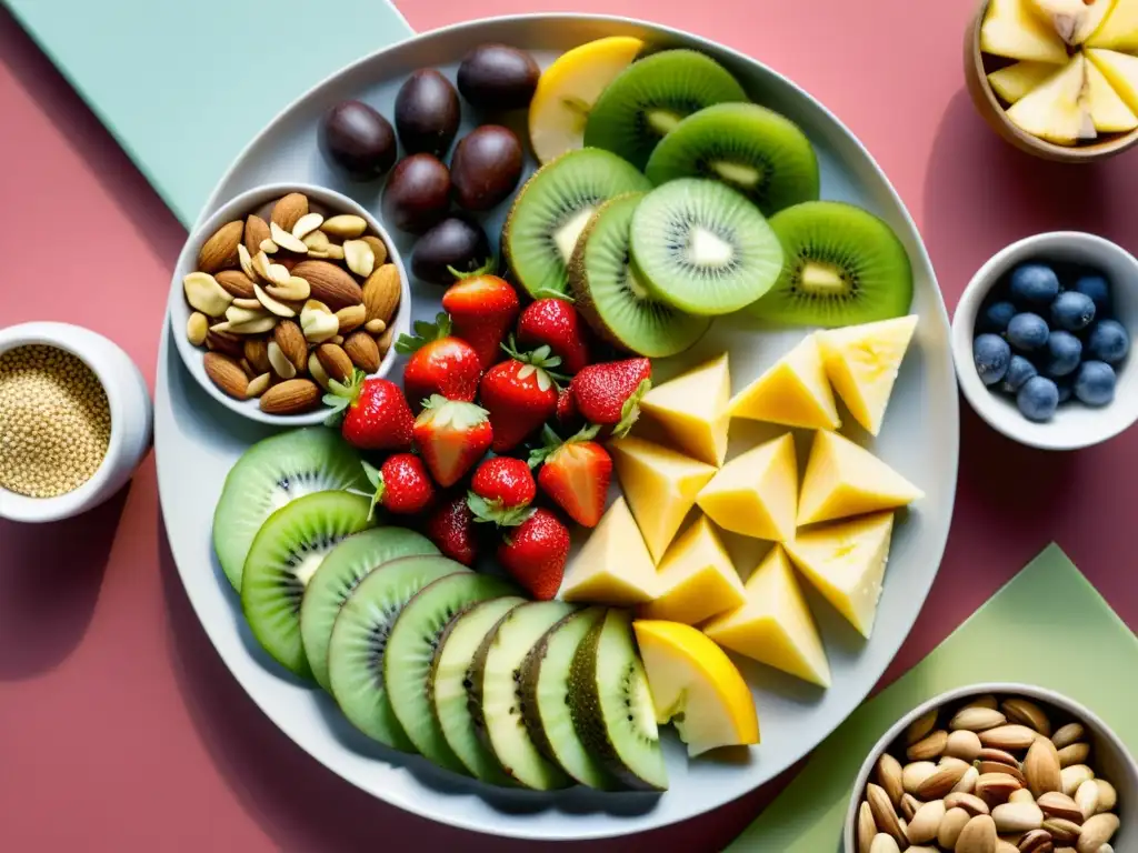 Selección de snacks energéticos y saludables para atletas Comidas esenciales para competición deportiva: selección colorida de snacks saludables y energizantes en plato moderno