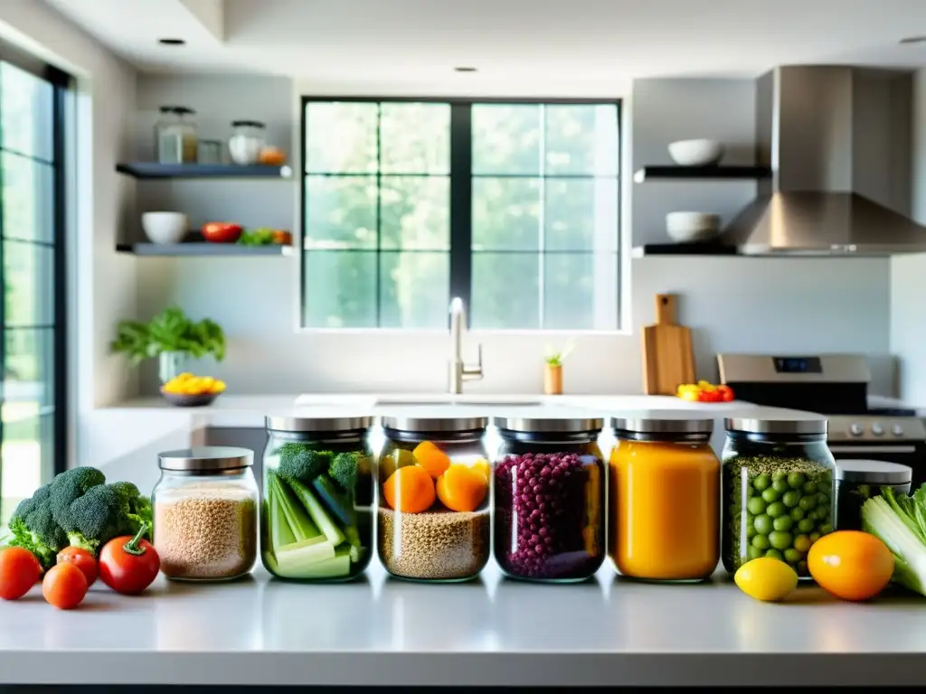 Cocina moderna y saludable: ingredientes frescos en 8k Planificación de comidas para triatletas: Imagen detallada de una cocina moderna con ingredientes frescos y organización impecable