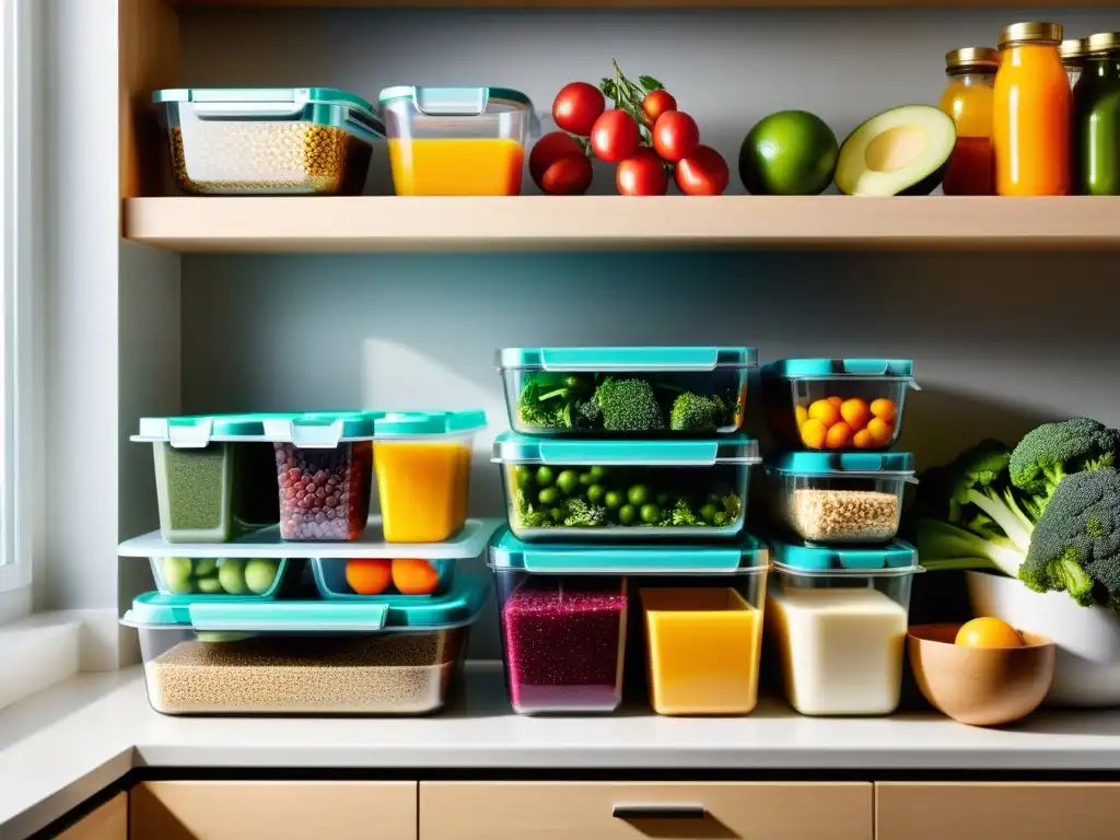 Estación de preparación de comidas: eficiencia y frescura para triatletas Planificación de comidas para triatletas: Estación organizada con ingredientes frescos y coloridos para una alimentación balanceada y eficiente