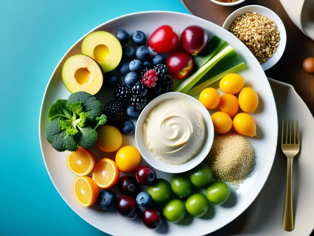 Plato saludable: variedad de alimentos frescos y coloridos Una composición artística de alimentos coloridos y frescos que ayudan a mejorar la recuperación muscular con nutrición