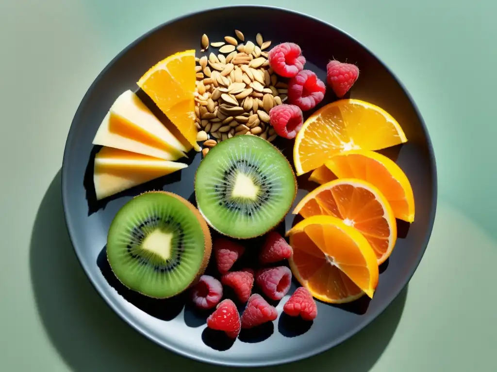 Alimentos ricos en fibra: una obra de arte nutricional Una composición artística de alimentos ricos en fibra dietética para microbiota deportiva, con frutas coloridas, nueces, semillas y granos enteros