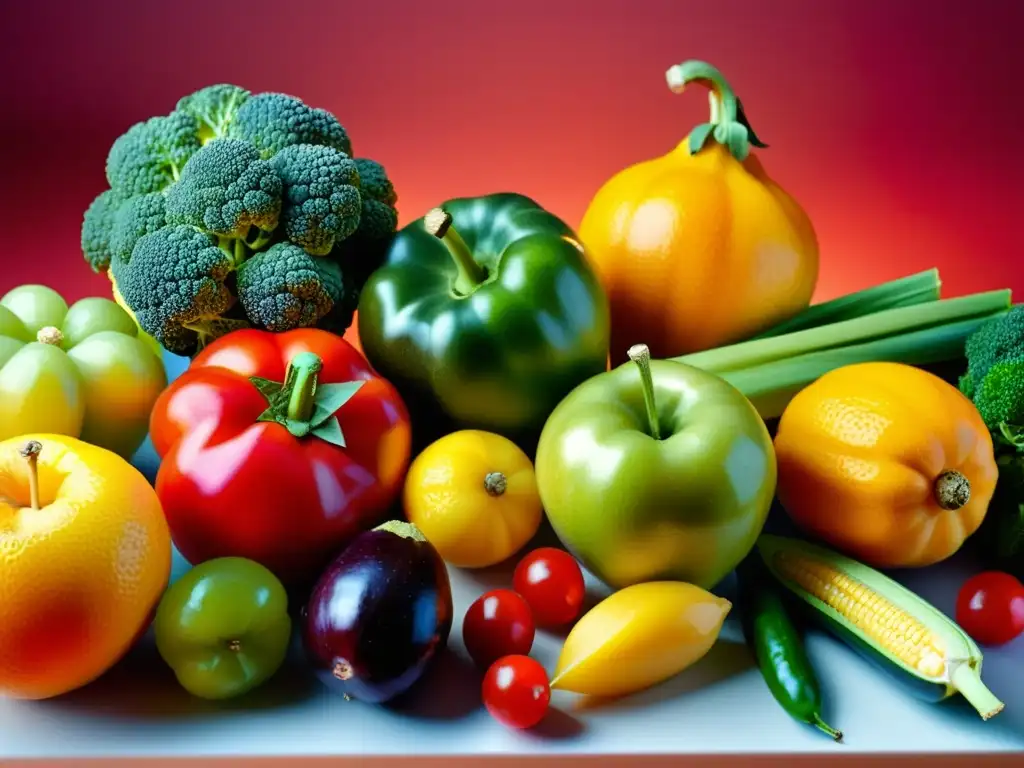 Arte Nutritivo: Frutas y Verduras Vibrantes Una composición artística de frutas y verduras coloridas, detalladas y vibrantes