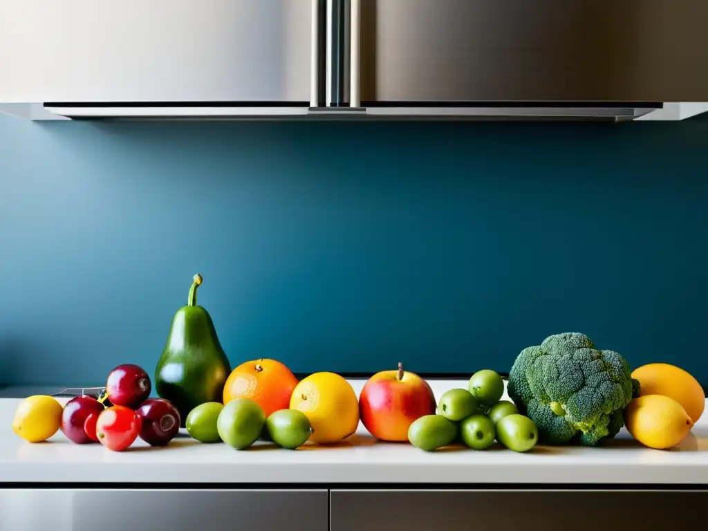 Una composición artística de frutas, verduras y proteínas sobre una encimera moderna