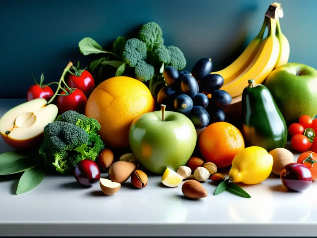 Nutrición personalizada para atletas de alto rendimiento: una explosión de colores y texturas Una composición colorida y detallada de frutas, verduras, nueces y fuentes magras de proteína, en una encimera moderna
