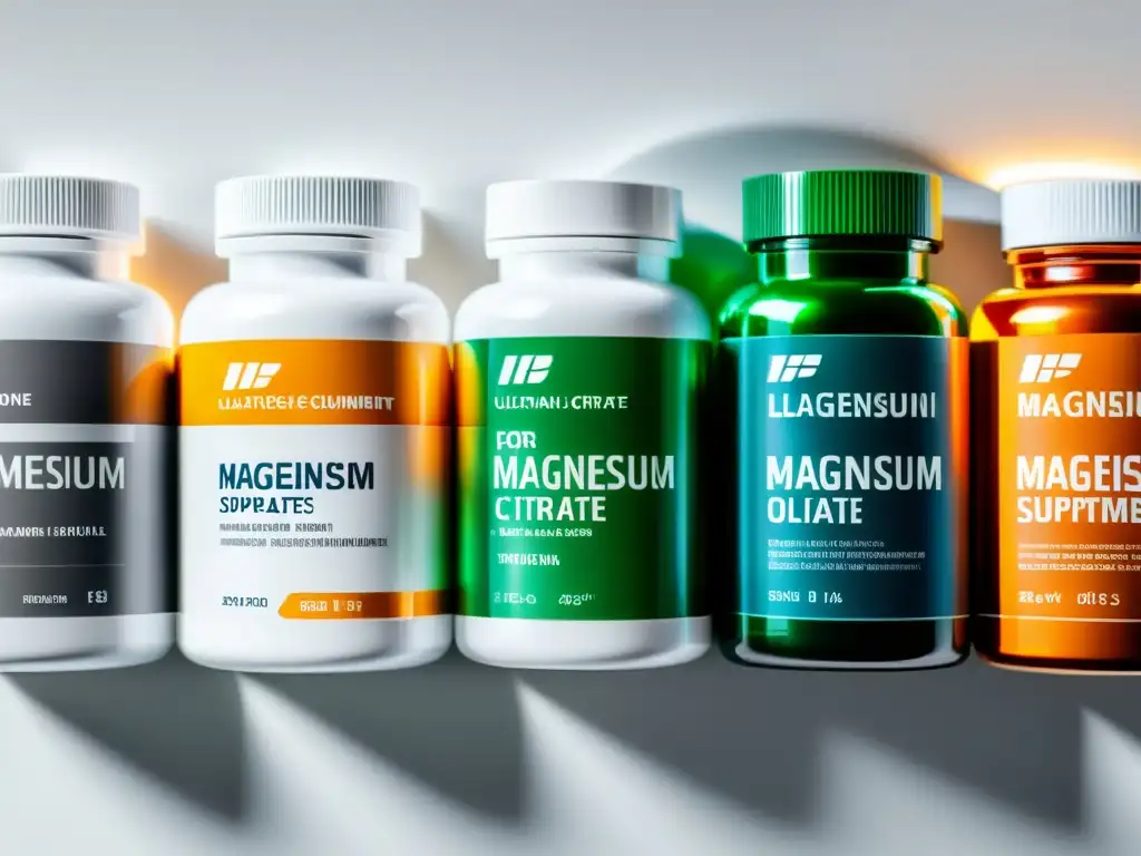 Una composición detallada de suplementos de magnesio para atletas, con etiquetas claras y variadas texturas