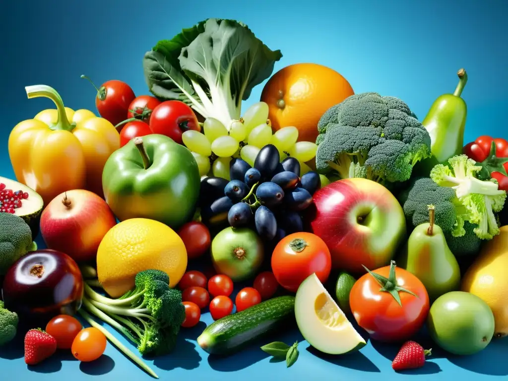 Arte Nutritivo: Deslumbrante 8k de Frutas y Verduras Frescas Una composición estratégica de frutas y verduras frescas y vibrantes, para nutrición estratégica y combatir ansiedad precompetitiva
