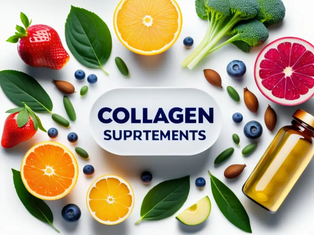 Suplementos de colágeno y nutrición: una obra maestra visual Una composición visualmente impactante de suplementos de colágeno y otros nutrientes, rodeados de frutas y verduras frescas, que realzan los beneficios del colágeno para la recuperación de tejidos conectivos