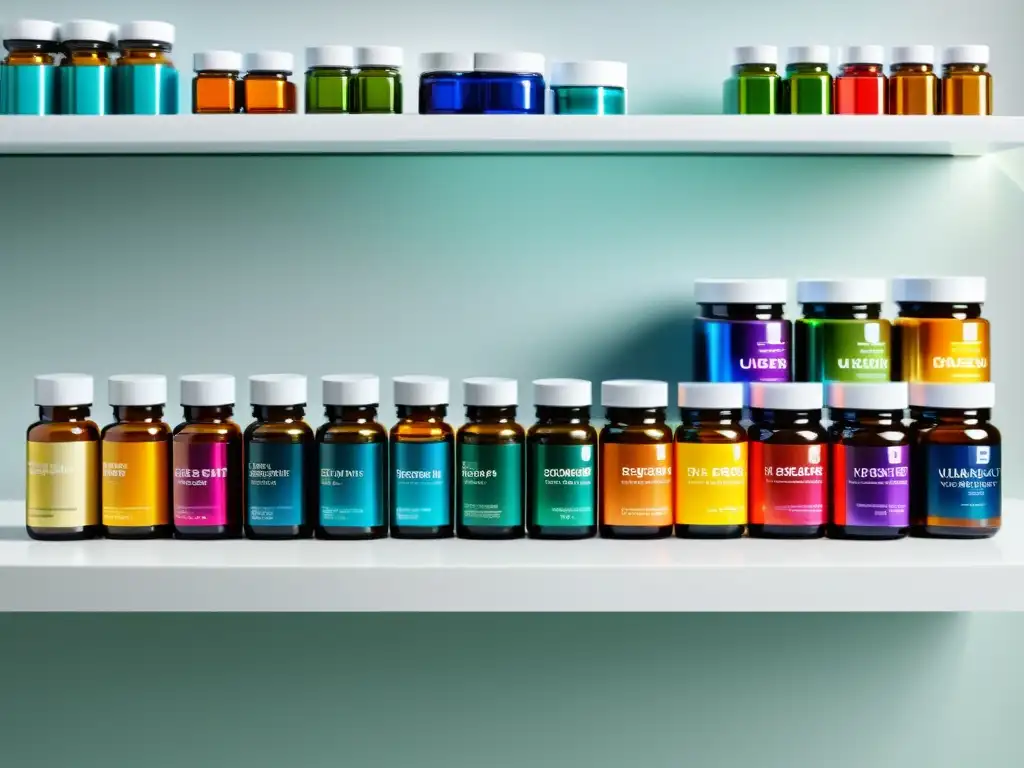 Suplementos coloridos en moderno mostrador blanco Una composición visualmente impactante de suplementos coloridos organizados con precisión en un elegante mostrador blanco