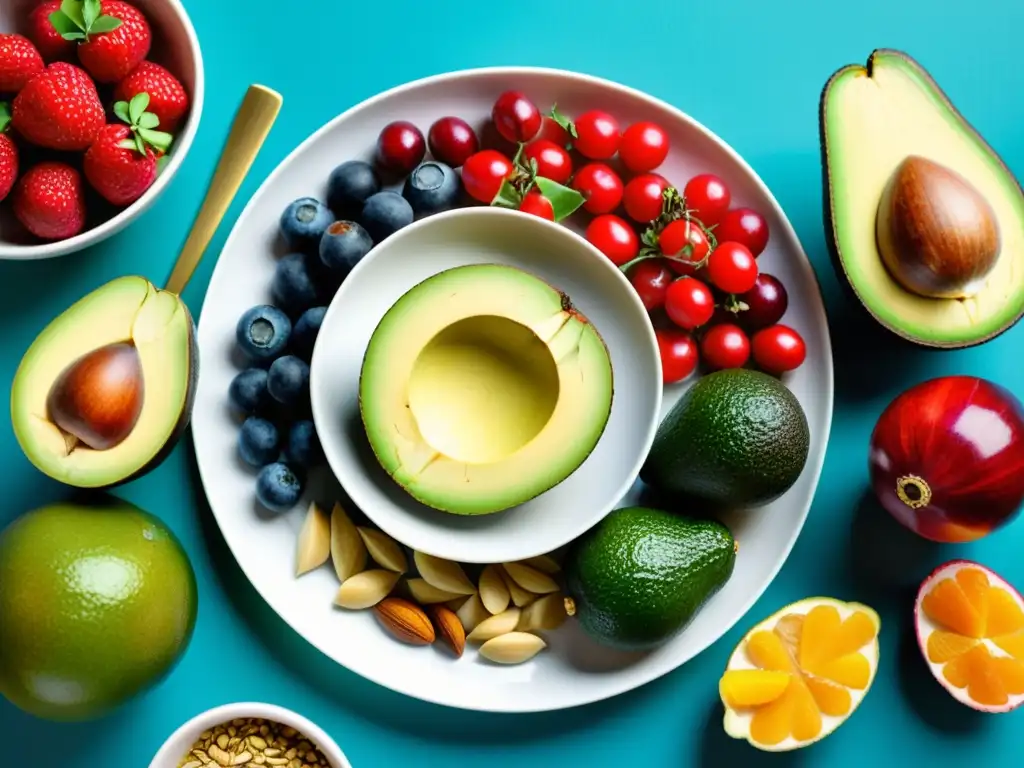 Plato vibrante de frutas y vegetales para futbolistas Una composición visualmente impresionante de frutas y verduras coloridas y vibrantes, resaltando los ácidos grasos esenciales para futbolistas