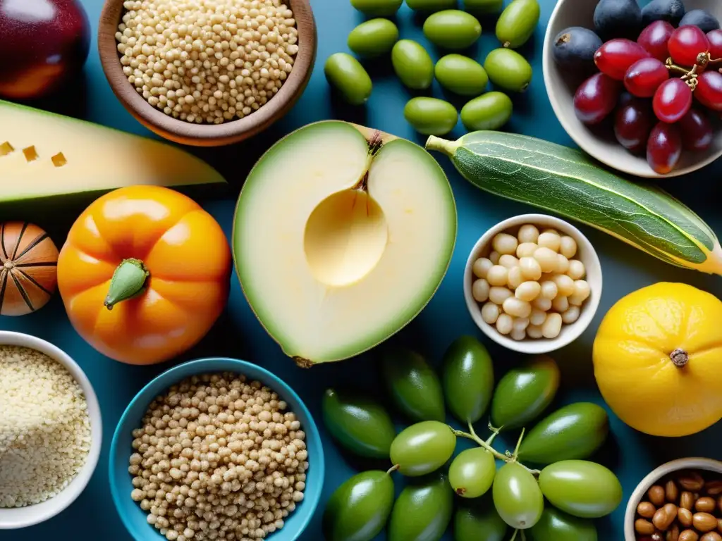 Variedad de alimentos ricos en fibra: colores vibrantes y texturas cautivadoras Una composición moderna de alimentos ricos en fibra dietética para microbiota deportiva, con colores vibrantes y texturas detalladas