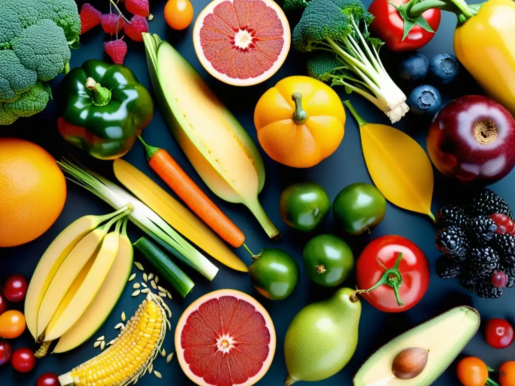 Patrón geométrico de alimentos: colores vibrantes y texturas detalladas Una composición moderna y deslumbrante de frutas, verduras y granos enteros, resaltando la importancia de la fibra en la dieta deportiva