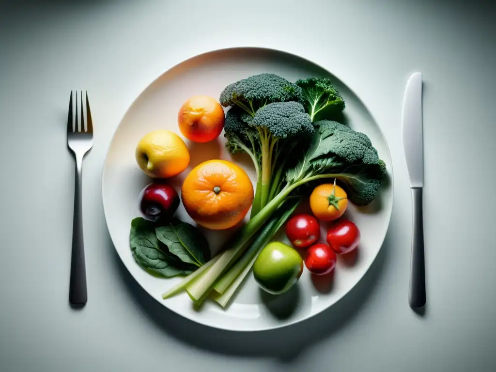 Plato de frutas y verduras vibrantes en detalle Una composición moderna de frutas y verduras coloridas en un plato blanco, resaltando la fibra en la dieta deportiva