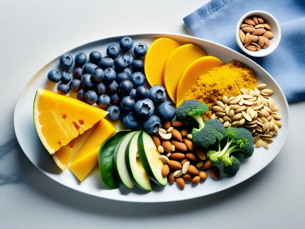 Vibrante selección de alimentos antiinflamatorios en plato moderno Una composición vibrante de alimentos antiinflamatorios para recuperación post-entrenamiento, con frutas, verduras, frutos secos y semillas, bellamente dispuestos en una elegante bandeja moderna