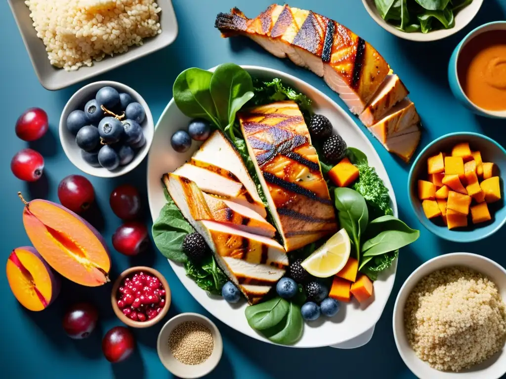 Nutrientes vibrantes para recuperación muscular Una composición vibrante de alimentos frescos y coloridos, perfecta para la recuperación muscular en deportes de resistencia