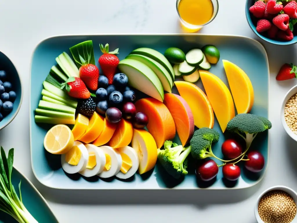 Plato vibrante de alimentos saludables: nutrición y vitalidad Una composición vibrante de alimentos nutritivos, con colores y texturas que transmiten vitalidad