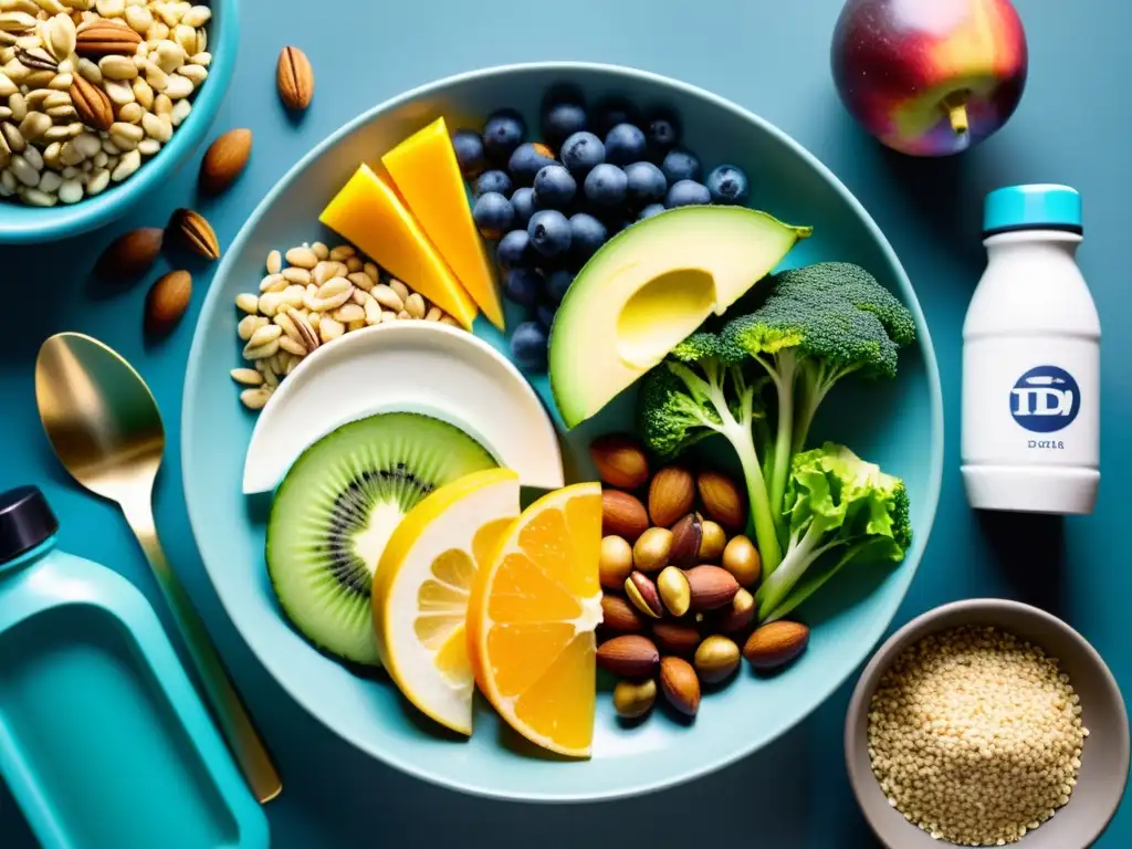 Plato post-entrenamiento nutritivo y colorido Una composición vibrante de alimentos post-entrenamiento nutricionalmente densos, con nutrición deportiva para recuperación muscular