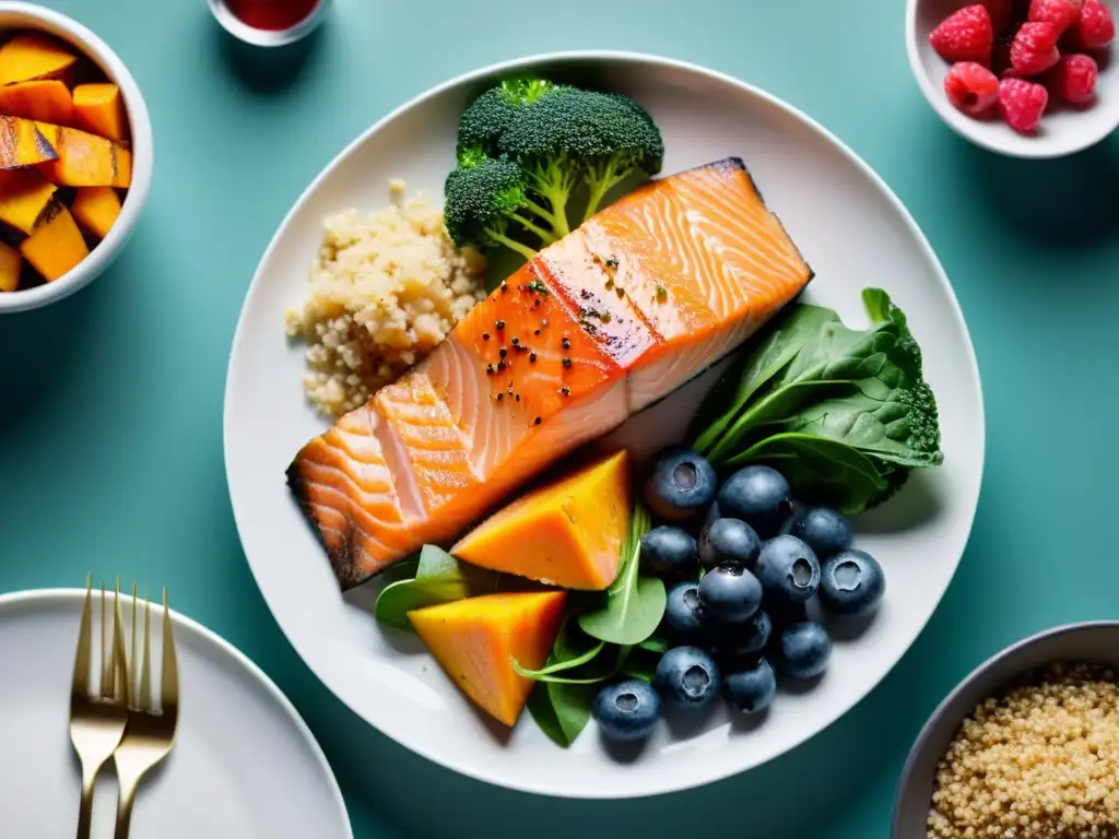 Plato de alimentos nutritivos para la recuperación muscular Una composición vibrante de alimentos ricos en nutrientes en un elegante plato blanco