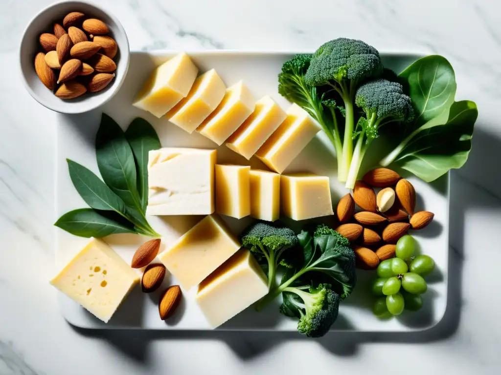 Alimentos ricos en calcio para una dieta equilibrada y energética Una composición vibrante de alimentos ricos en calcio sobre mármol blanco, resaltando la importancia de la suplementación de calcio para deportistas