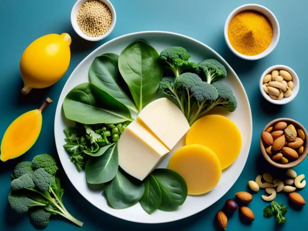 Plato vibrante con alimentos ricos en calcio para atletas Una composición vibrante de alimentos ricos en calcio para prevenir calambres musculares