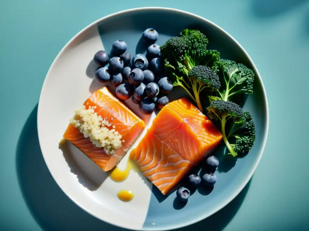 Plato saludable: quinoa, salmón, kale y más Una composición vibrante y fresca de alimentos ricos en nutrientes para recuperación muscular en deportes de resistencia