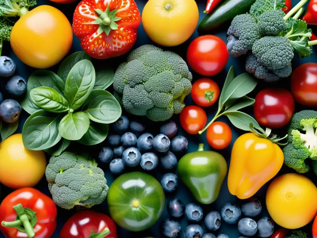 Patrón vibrante de frutas y verduras antioxidantes Una composición vibrante de frutas y verduras ricas en antioxidantes, ideal para potenciar los beneficios antioxidantes en el entrenamiento deportivo