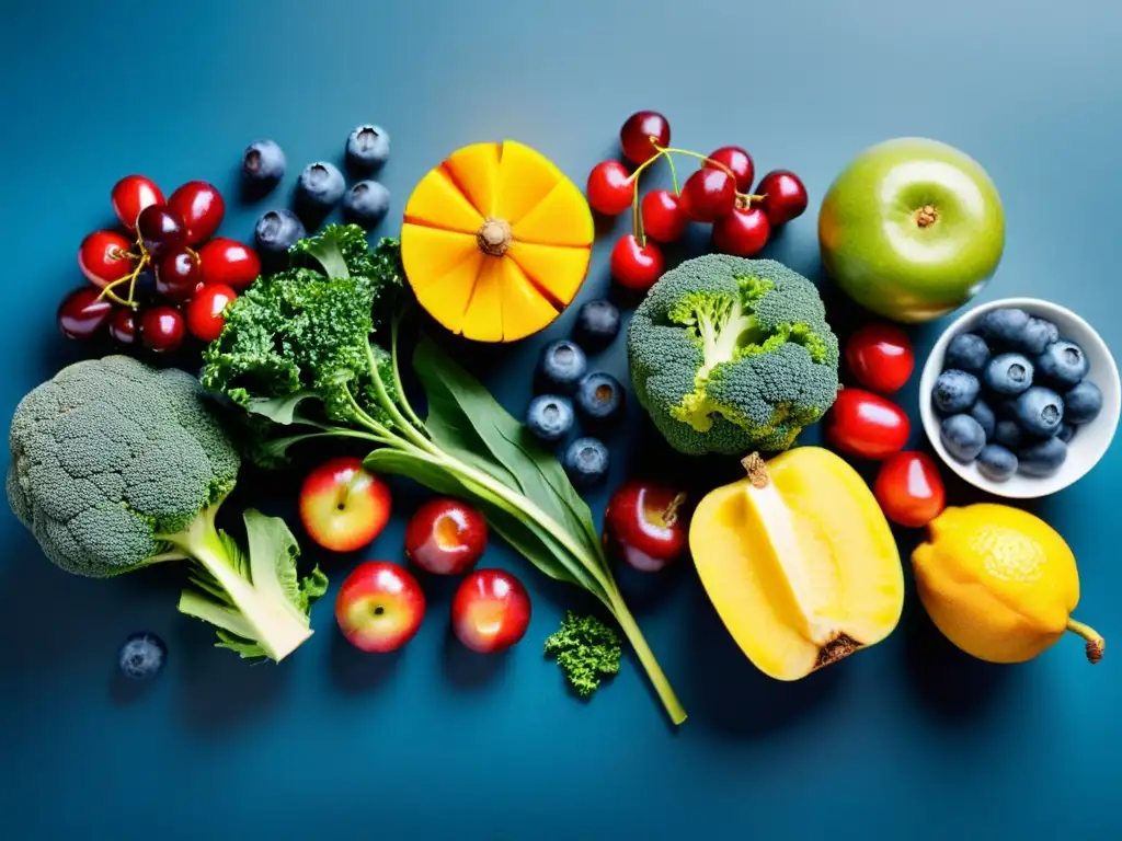 Una composición vibrante de frutas y verduras coloridas, alimentos antiinflamatorios para recuperación muscular, con colores intensos y frescura