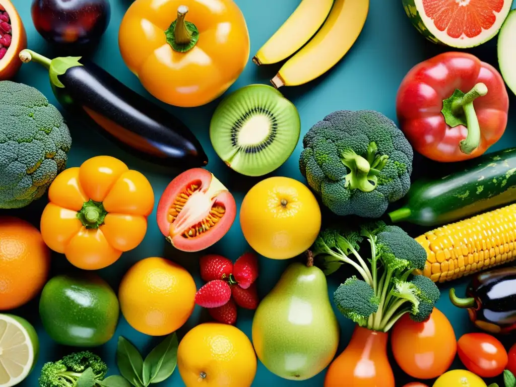 Patrón vibrante de frutas y verduras frescas Una composición vibrante de frutas y verduras frescas, resaltando la importancia de vitaminas, minerales y rendimiento deportivo