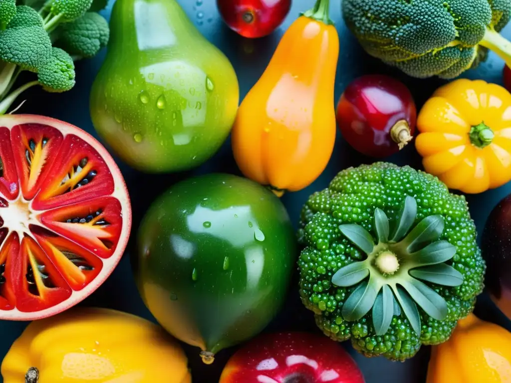 Exquisita variedad de frutas y verduras frescas en alta resolución Una composición vibrante de frutas y verduras frescas, con gotas de agua que realzan su frescura