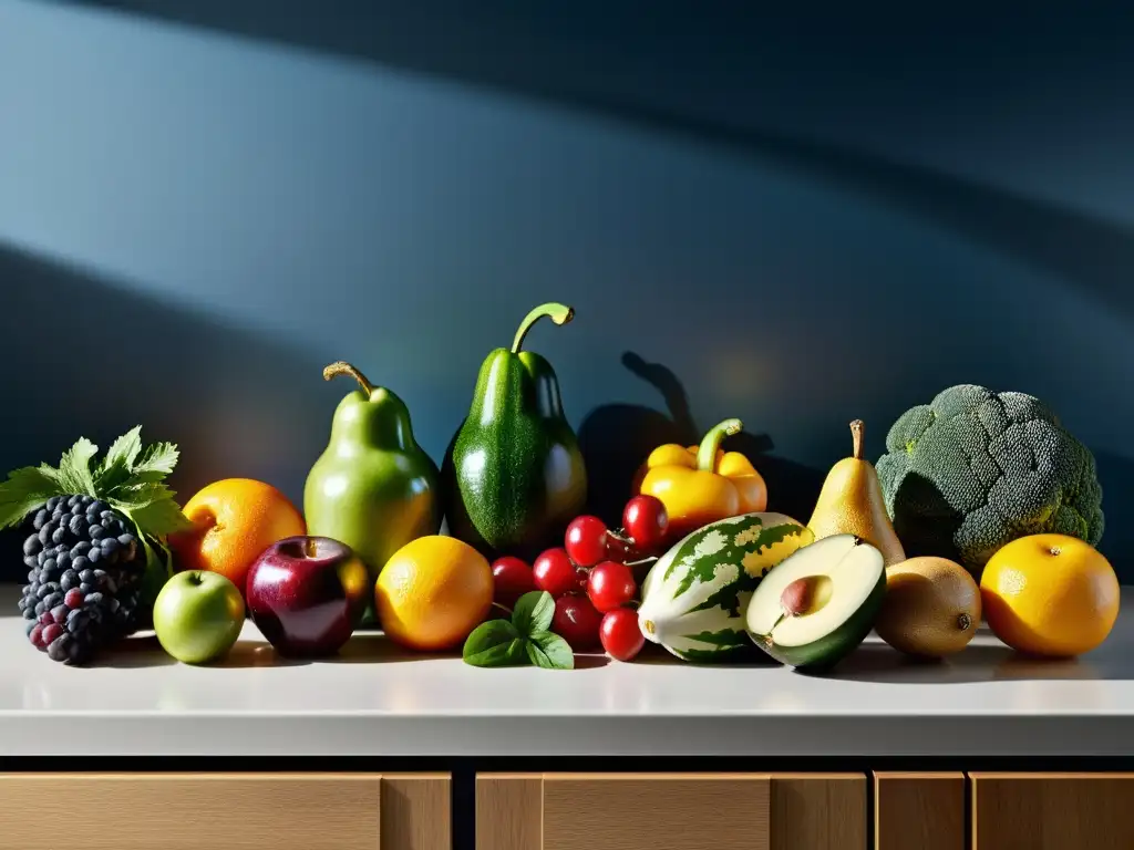 Exquisita variedad de alimentos frescos en cocina moderna Una composición vibrante de frutas, verduras y granos integrales en un moderno mostrador de cocina