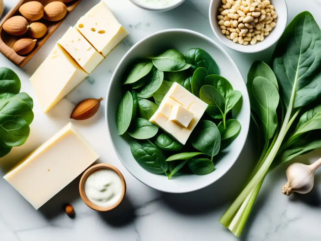 Rica fuente de glutamina: alimentos frescos y vibrantes en mármol blanco Una composición vibrante de fuentes naturales de glutamina para recuperación muscular, organizadas con elegancia sobre mármol blanco