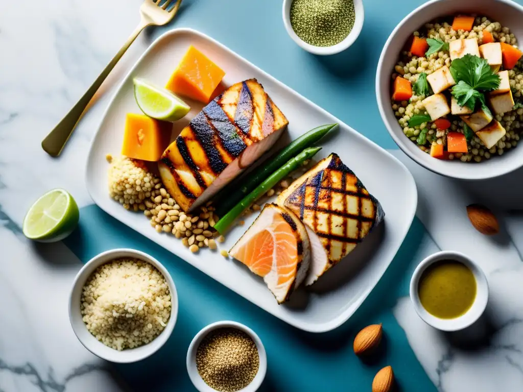 Delicioso espectáculo de proteínas: pollo, salmón, tofu, quinoa, lentejas y almendras en un atractivo patrón geométrico Una composición vibrante de diversas fuentes de proteínas en un patrón geométrico