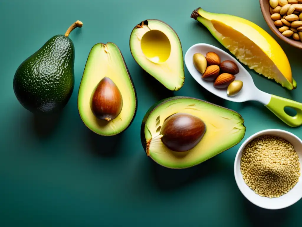 Variedad de grasas saludables en cocina moderna Una composición vibrante de grasas saludables como aguacates, frutos secos, semillas y aceite de oliva en una encimera moderna