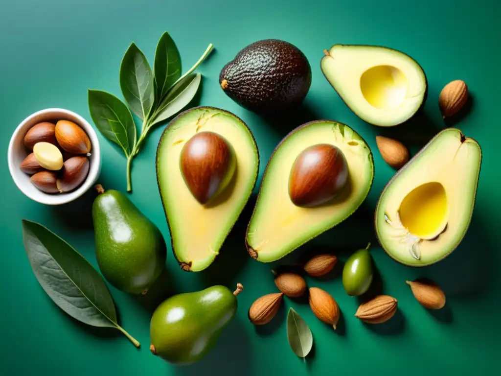 Delicias saludables: Aguacates, nueces y aceite de oliva en alta resolución Una composición vibrante de grasas saludables como aguacates, nueces y aceite de oliva, evocando vitalidad y salud para la recuperación muscular
