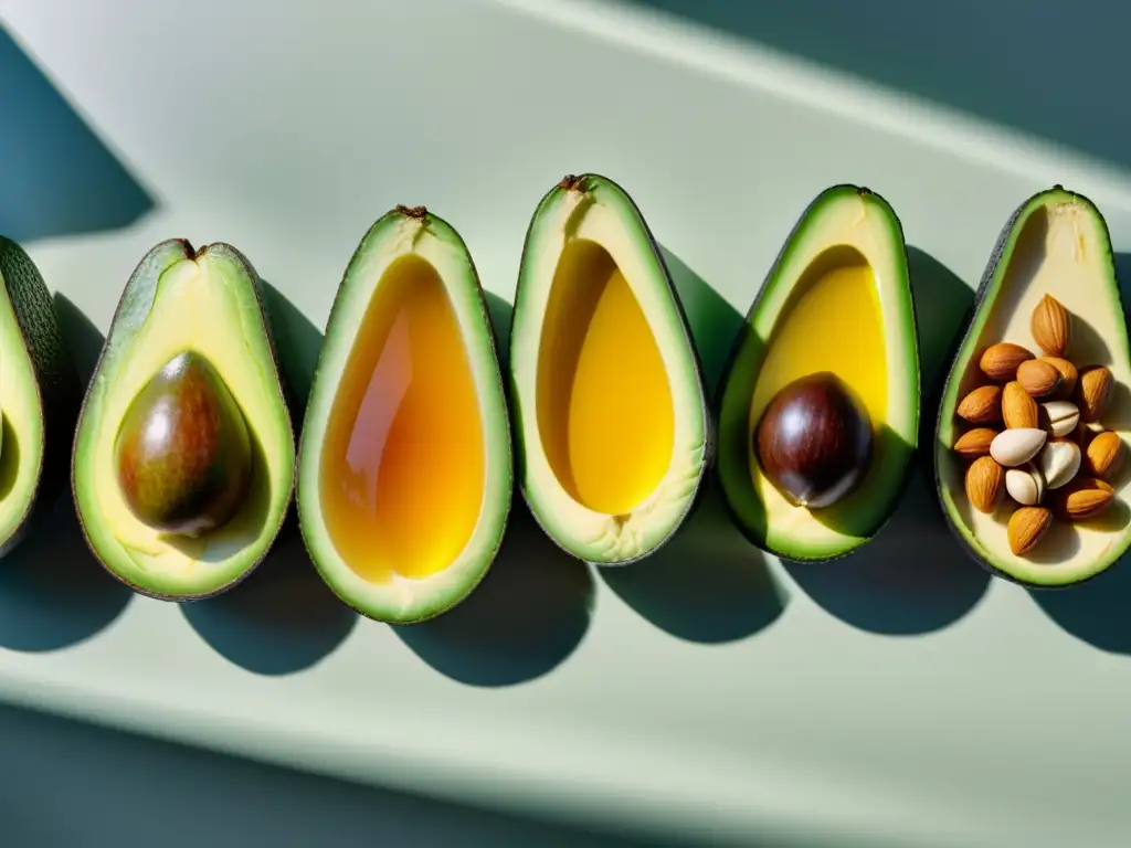 Vibrante selección de grasas saludables en cocina moderna Una composición vibrante de grasas saludables recuperación muscular en una cocina moderna, exudando frescura y vitalidad