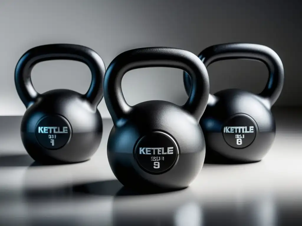 Kettlebells negros mate: diseño elegante y funcional Conjunto elegante de pesas rusas mate negro sobre fondo blanco