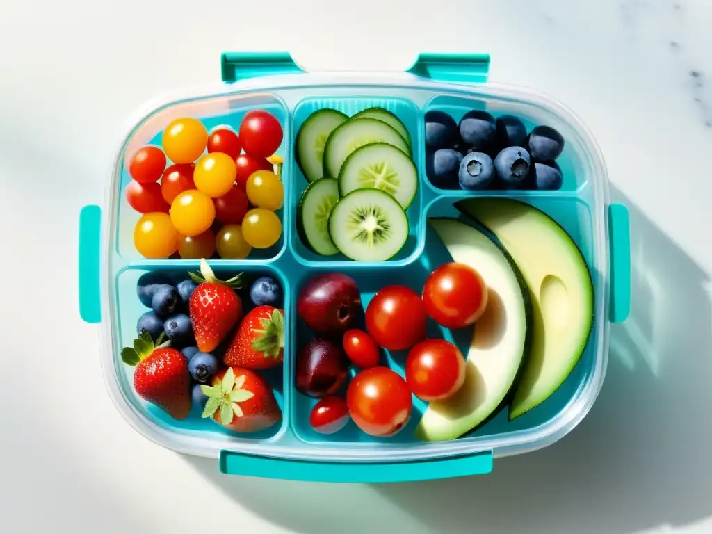 Deliciosos bocados saludables en envase transparente Un contenedor de snacks reutilizable lleno de frutas y verduras coloridas y frescas, presentadas de forma ordenada