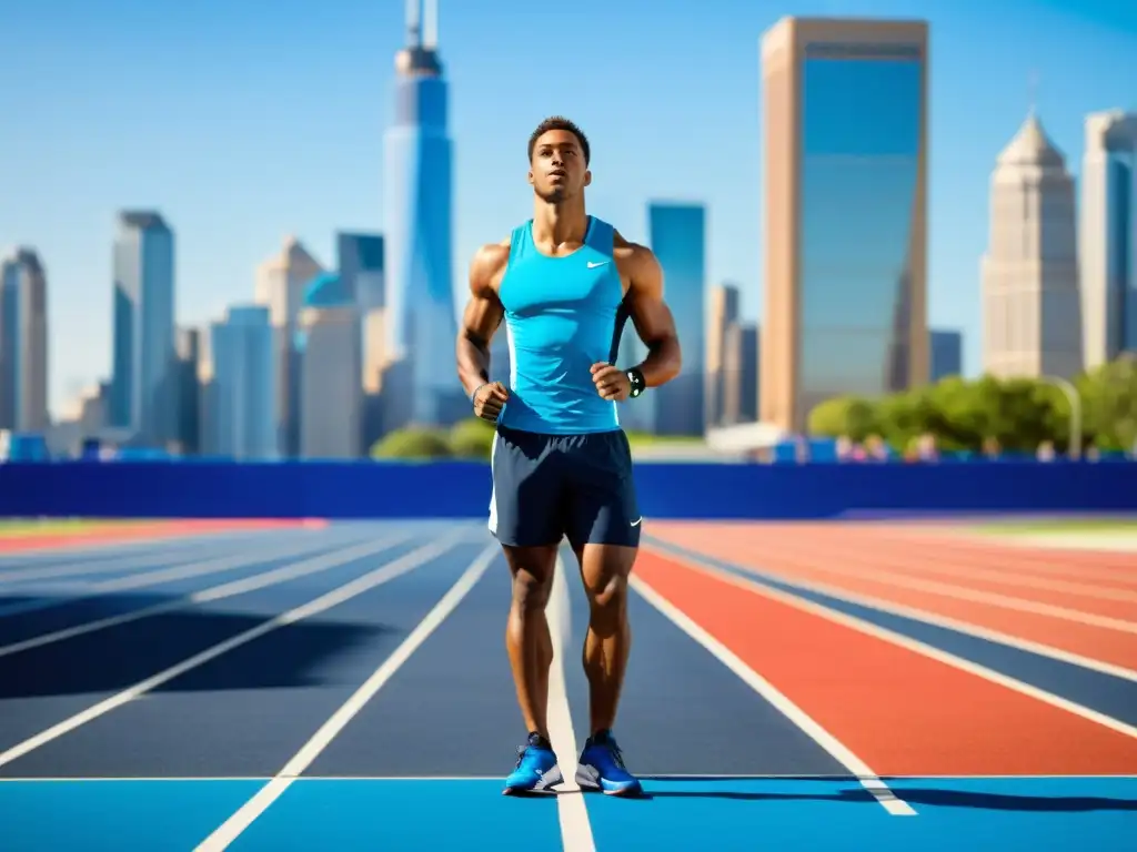 Atleta listo para la carrera en la ciudad Un corredor de atletismo listo para competir en la pista, con la ciudad de fondo