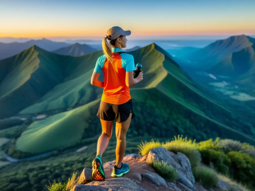 Corredor en cima montaña al amanecer, con botella de agua, mirando un valle exuberante
