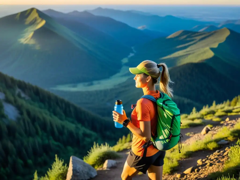 Corredor de montaña alcanzando la cumbre al amanecer Un corredor de montaña alcanza la cima al amanecer, con una vista impresionante del bosque