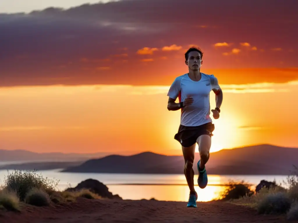 Un corredor de larga distancia enfocado corre al amanecer, capturando la esencia de la perseverancia