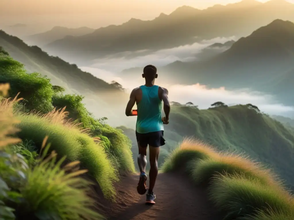 Corredor de larga distancia al amanecer en la montaña, rodeado de naturaleza, evocando los beneficios del ayuno intermitente para corredores