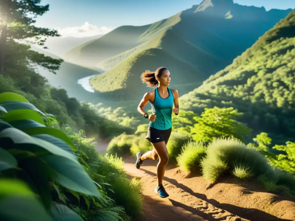 Un corredor en un moderno atuendo atlético recorre un sendero montañoso, rodeado de exuberante vegetación