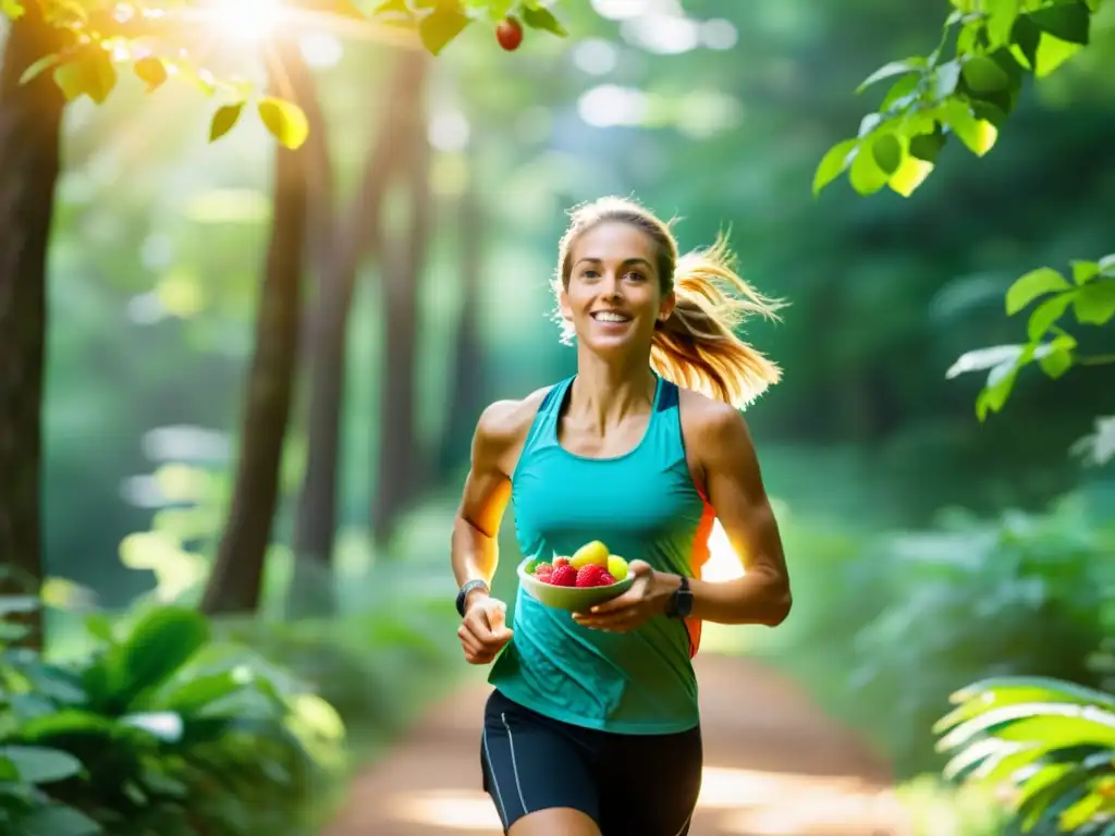 Corredor en el bosque con snacks energéticos Corredor con snacks para largas tiradas entrenamiento, rodeado de naturaleza vibrante y vitalidad