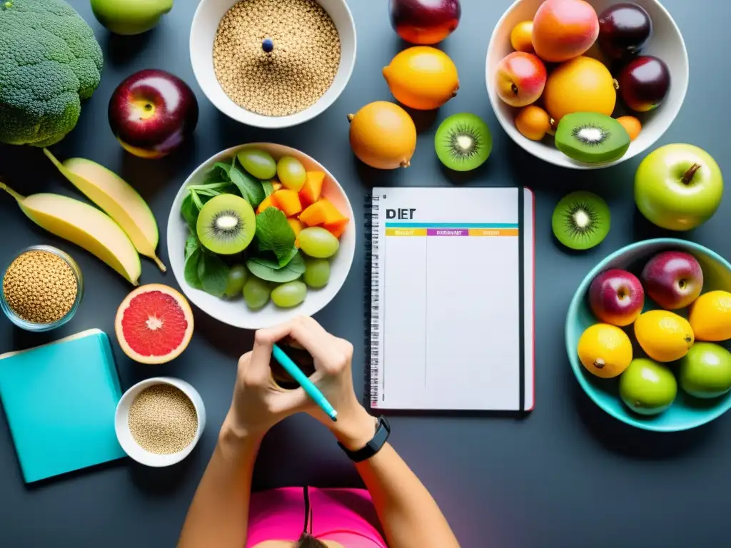 Planificación de dieta para corredora: enfoque y determinación Una corredora de maratón planificando su nutrición deportiva rodeada de alimentos saludables y coloridos